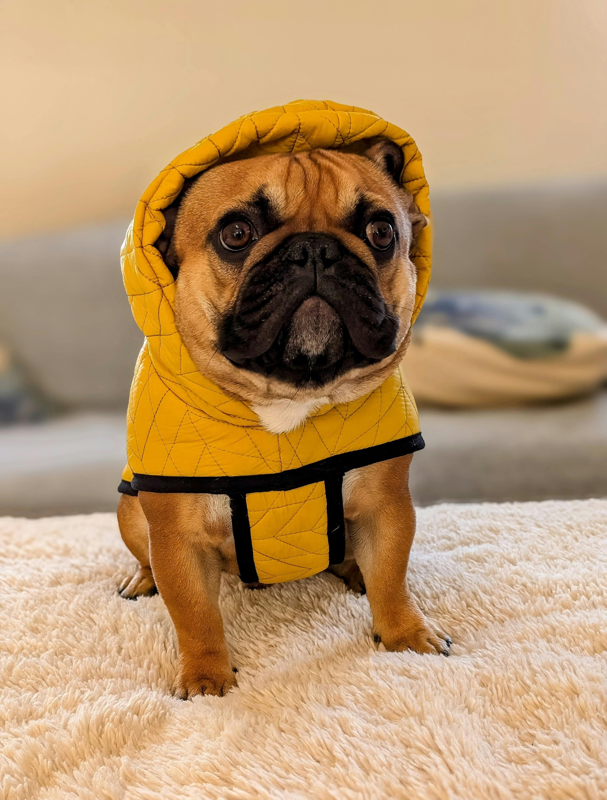 a french bull dog wearing a jacket