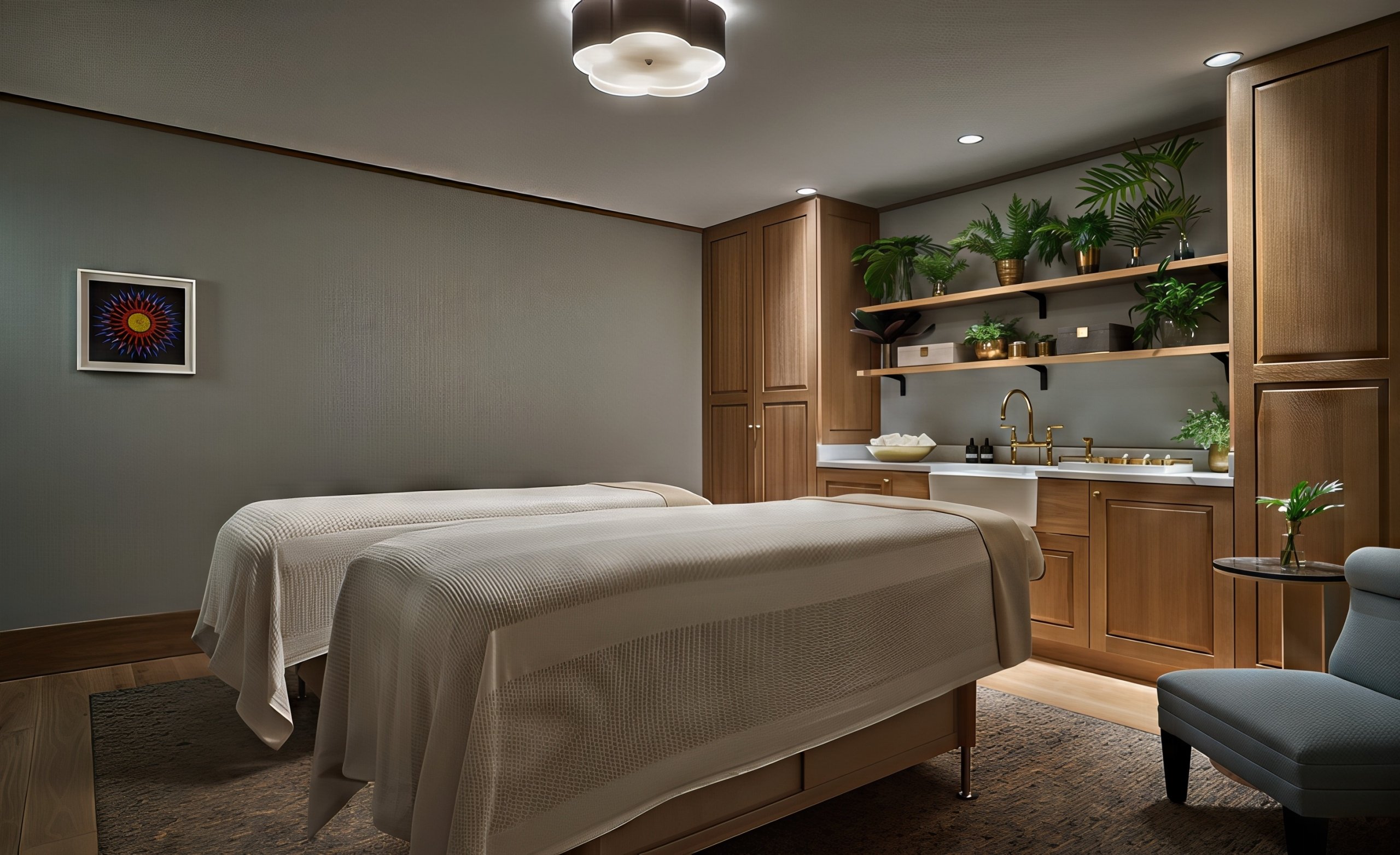 A spa room with two tables set up in The Sun Rose