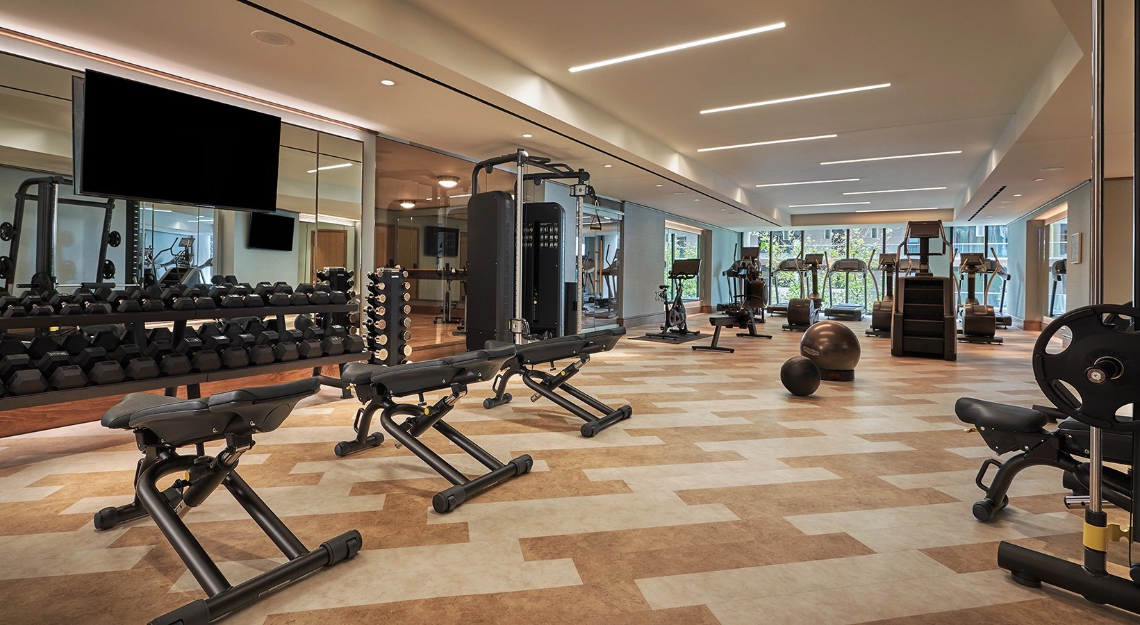 The gym at The Sun Rose with free weights, cardio machines and workout equipment