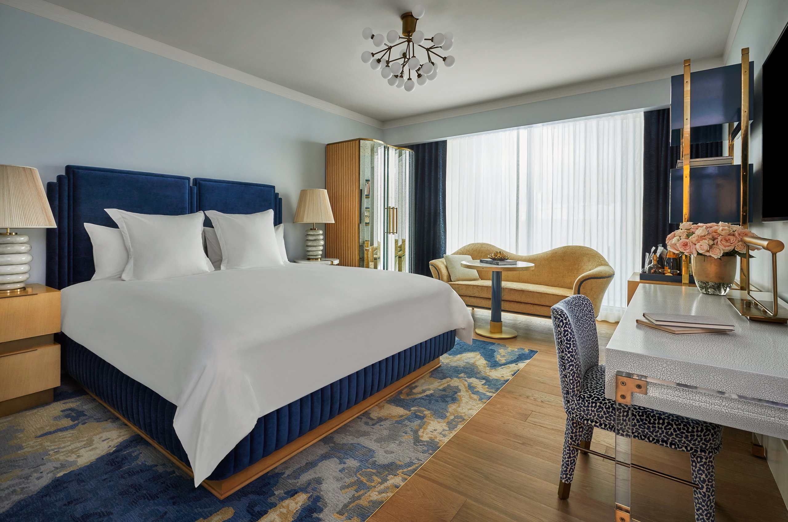 An accessible king hotel room in West Hollywood at the Sun Rose Hotel