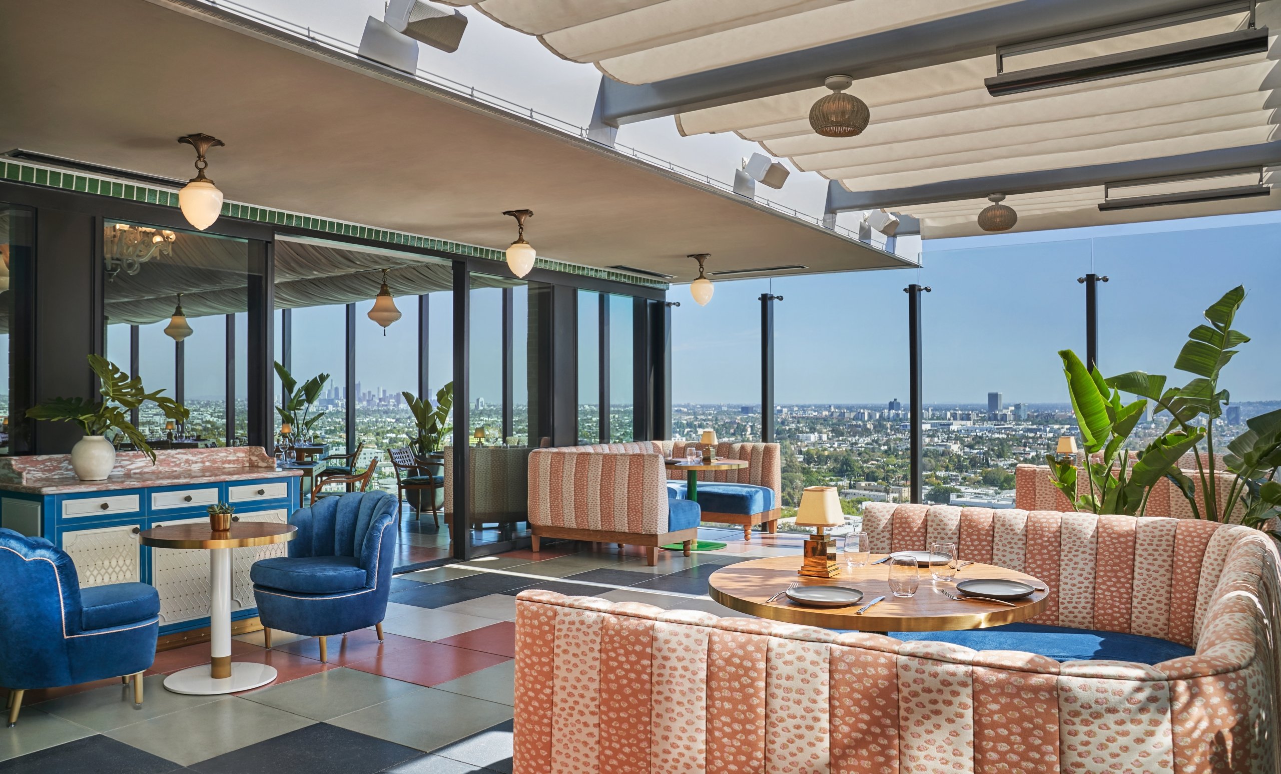 The Bar at Merois seating area with couches and chairs and amazing views of West Hollywood