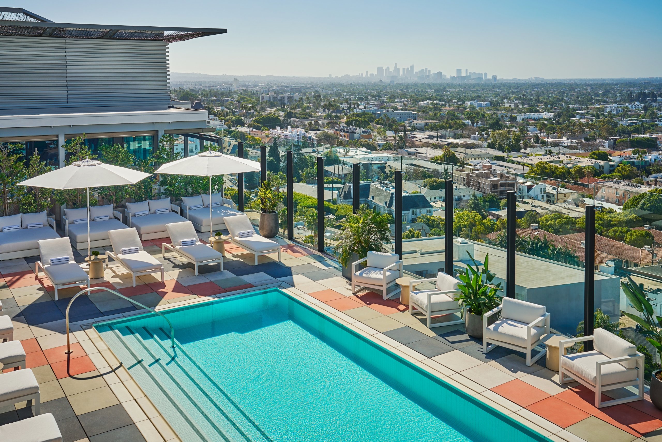 Over head view off The Pool at The Sun Rose and incredible views of West Hollywood in the background