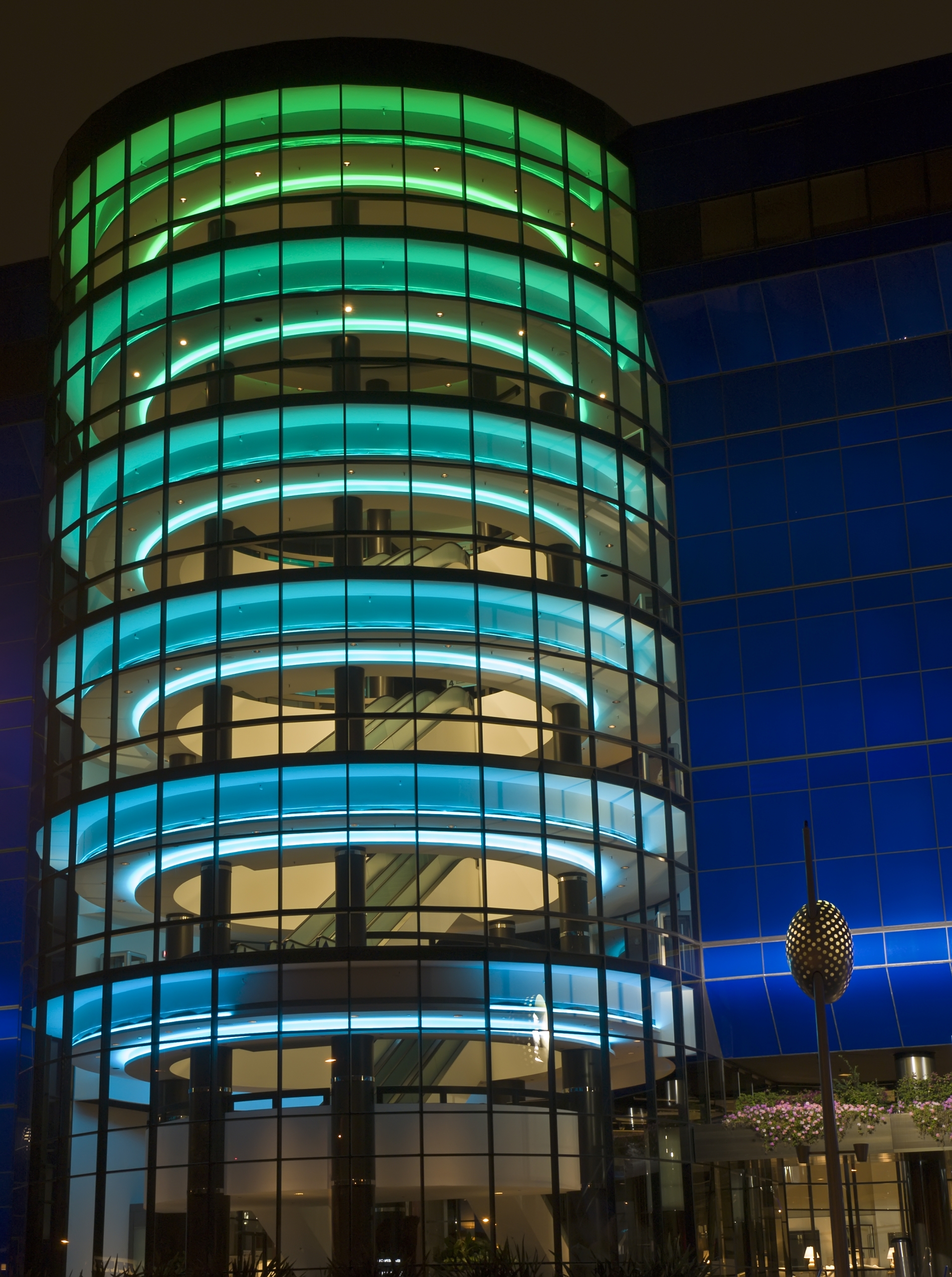 the ever changing colors of the pacific design center tower at night,los angeles,california.
