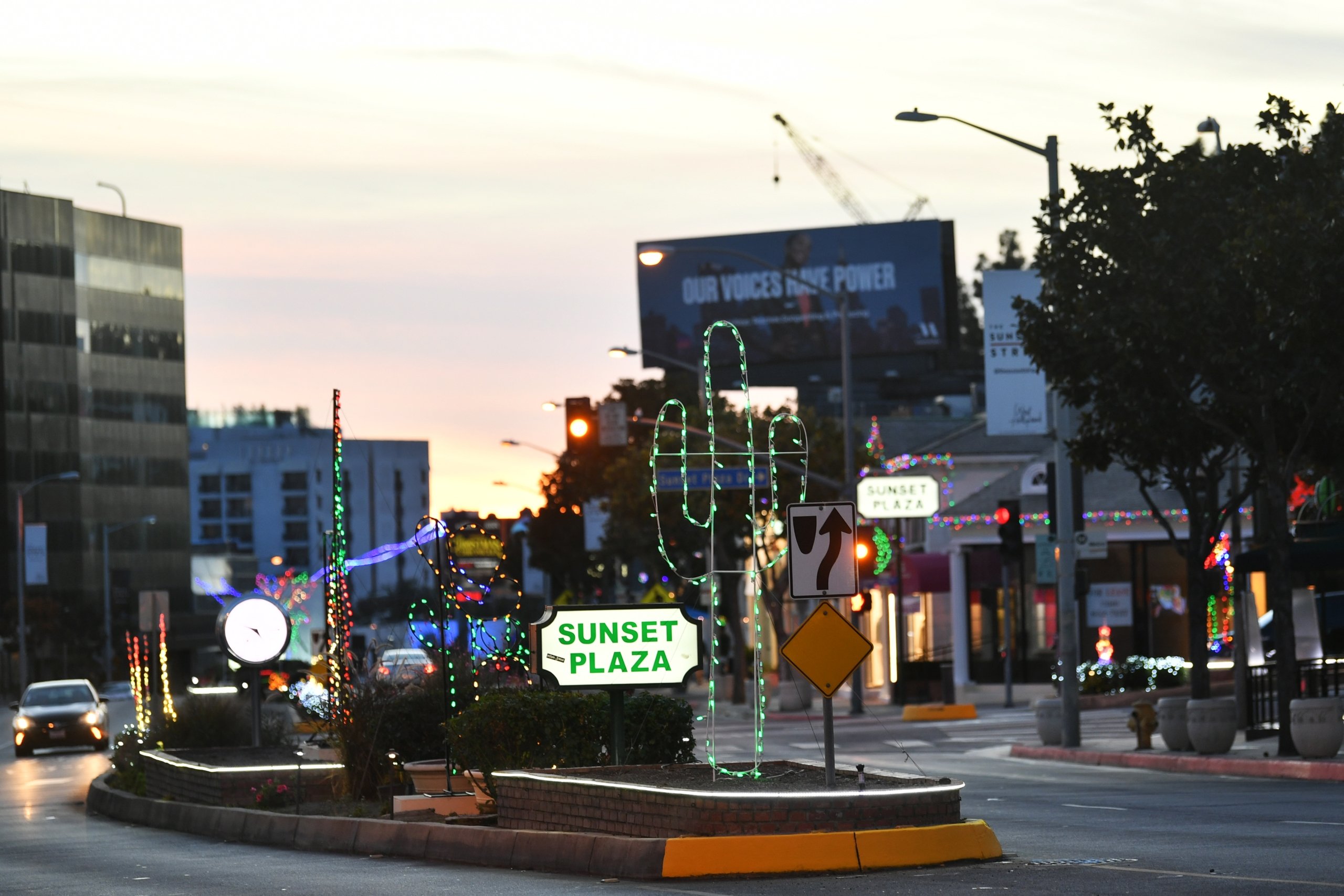 An iconic street level view of Sunset Plaza.