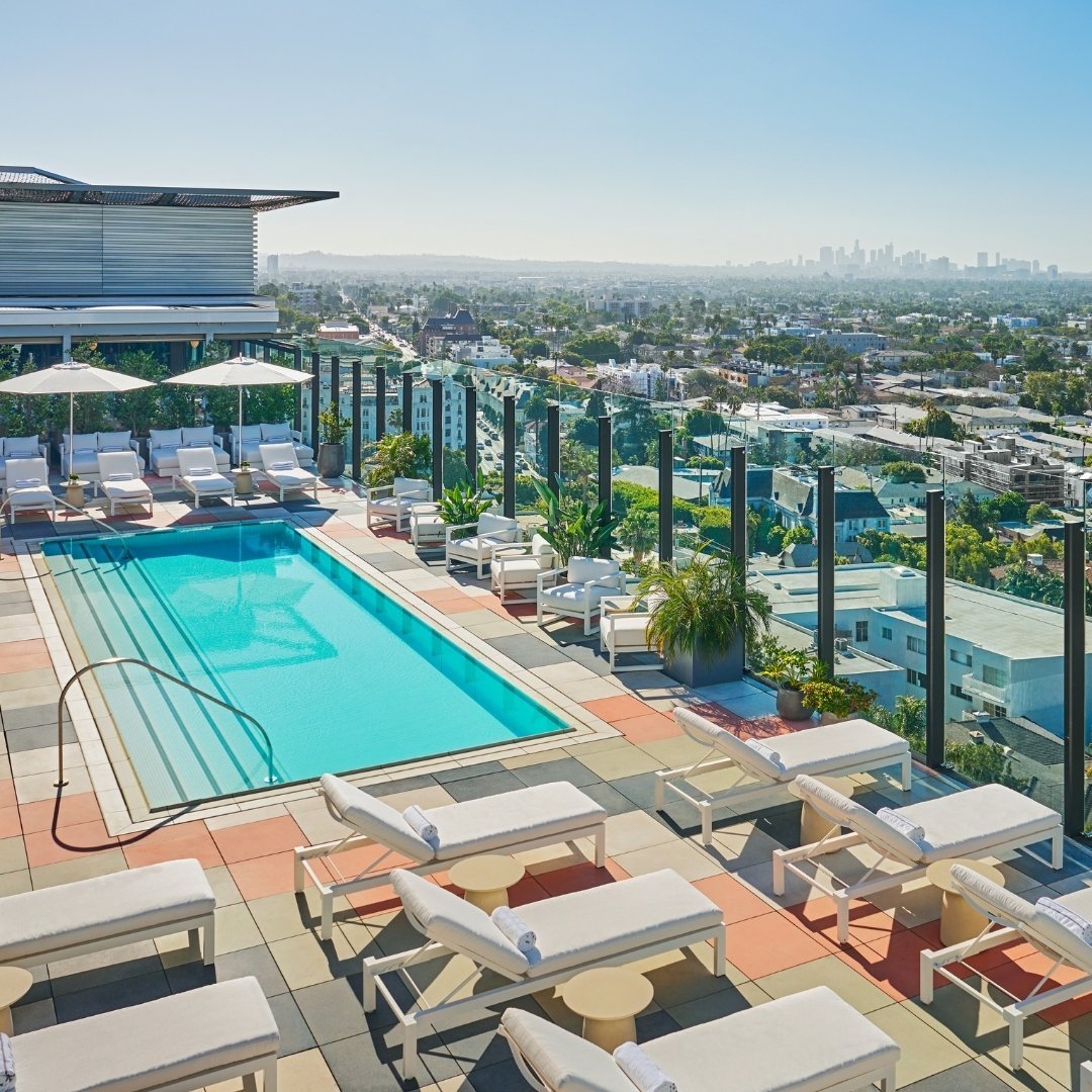 The Sun Rose West Hollywood Rooftop pool with skyline views of downtown LA