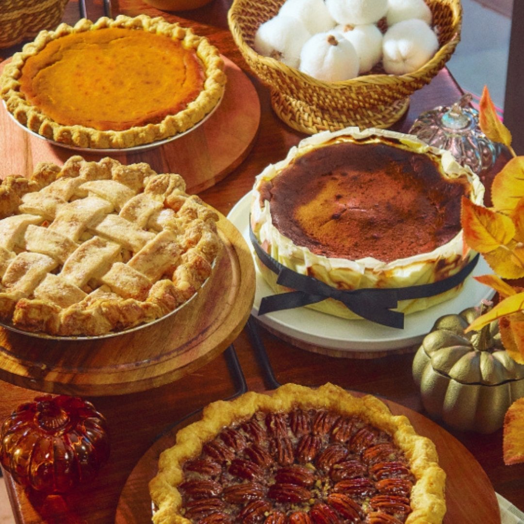 Thanksgiving pies available to pre-order from Ospero. Apple pie, pumpkin pie, pecan pie, and basque cheesecake pictured.