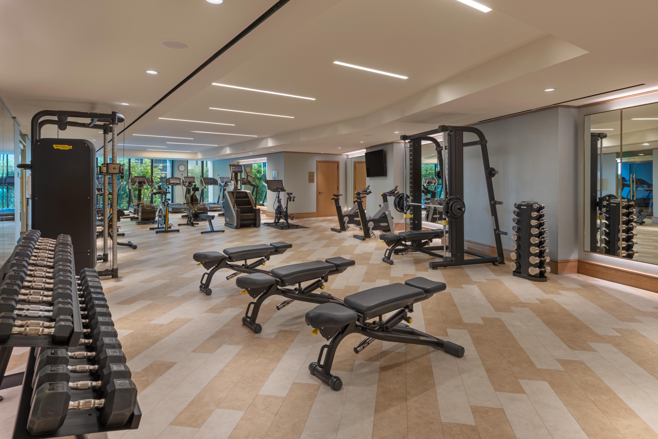 The Sun Rose fitness center equipped with high-end cardio machines, weight benches, and a wide selection of dumbbells.