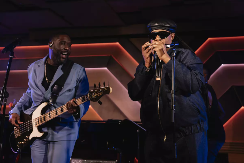 Sun Rose musical director Adam Blackstone (left) performs with Stevie Wonder on stage at the West Hollywood hotel that’s bloomed into a live music hotspot. (Michelle Shiers / The Sun Rose West Hollywood)