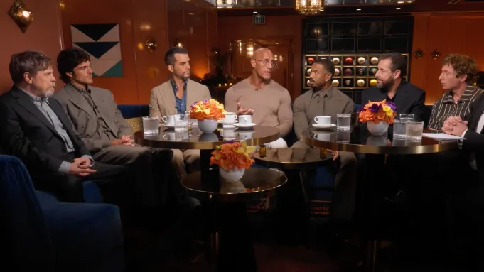 Adam Sandler, Dwayne Johnson, Jacob Elordi, Jeremy Allen White, Mark Hamill, Michael B. Jordan and Wagner Moura at the THR Actor Roundtable